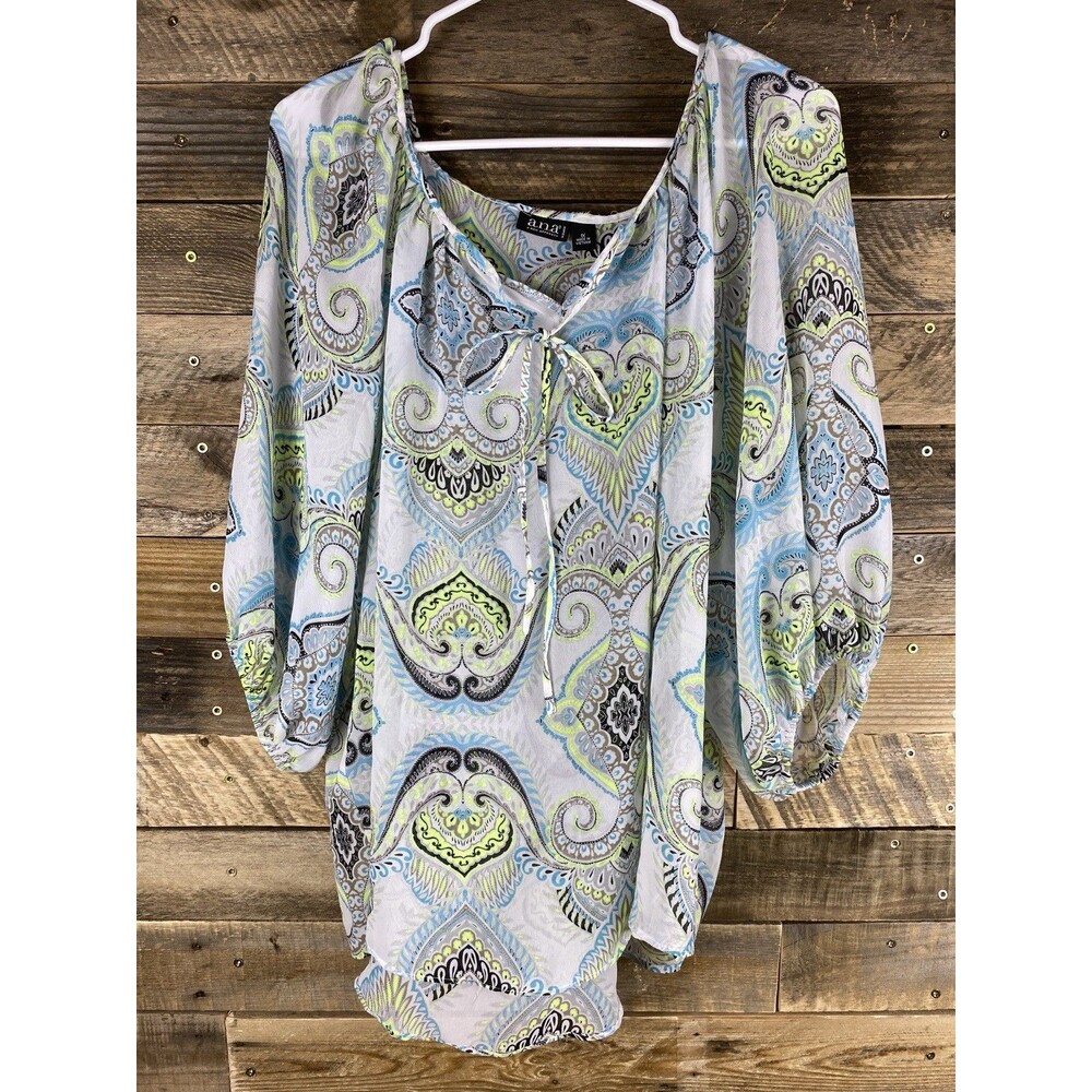 a.n.a. Womens Plus Sz 1X Printed Sheer V-Neck  3/4 Sleeve Top